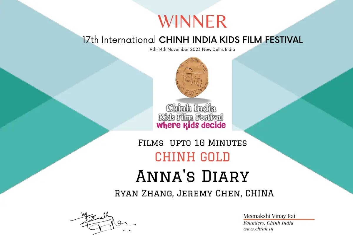 Chin Gold winner certificate for Anna’s Diary