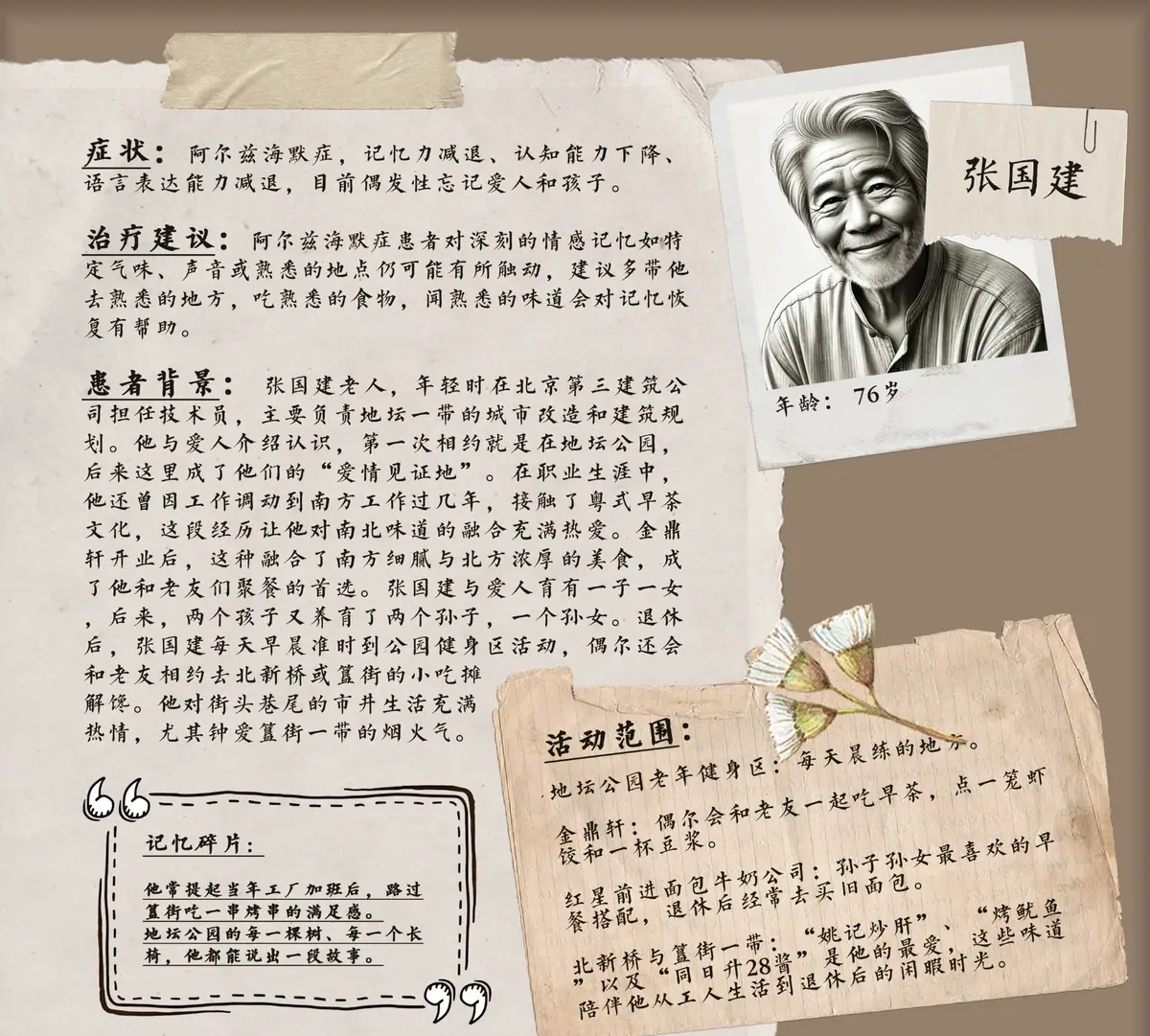 Interview notes page with a portrait sketch of an elderly interviewee