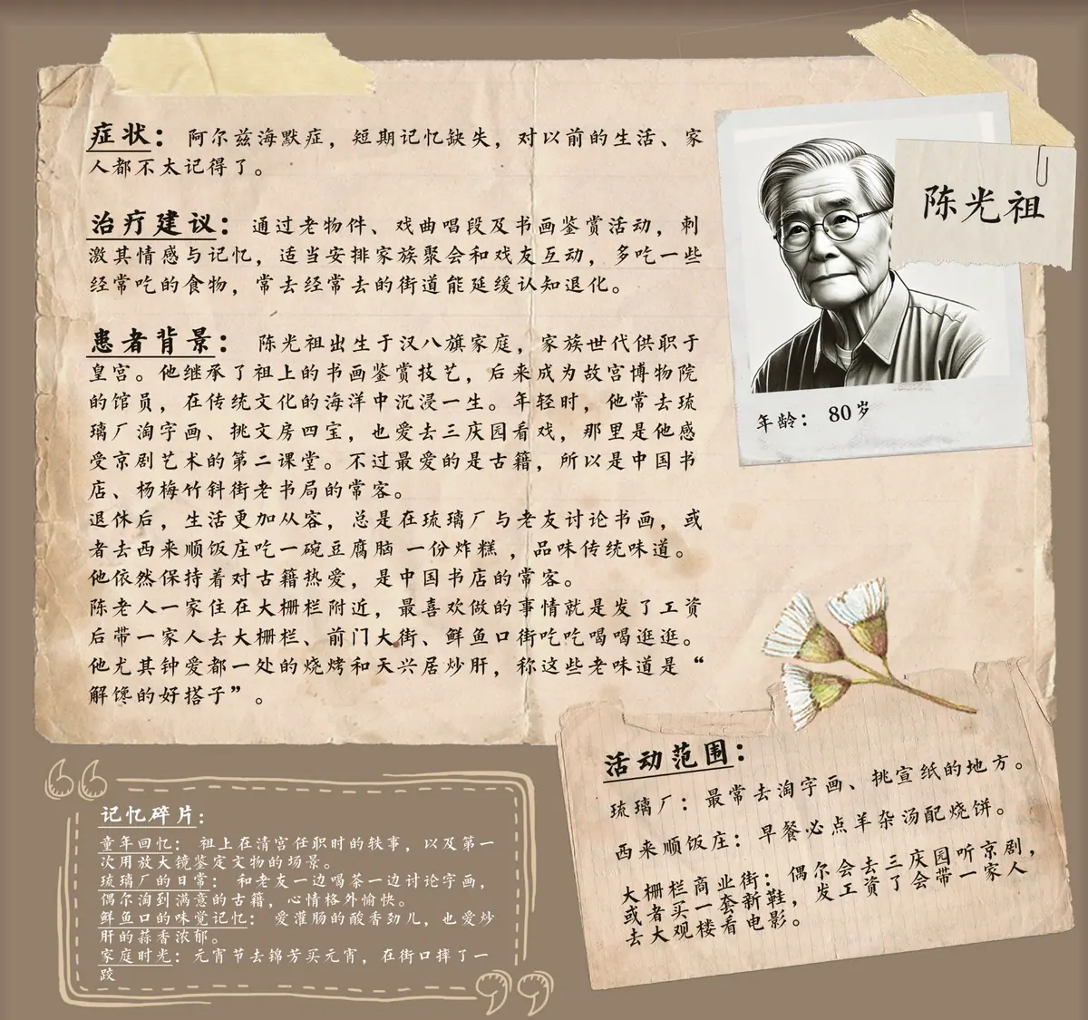 Interview notes page with a portrait sketch of an elderly interviewee