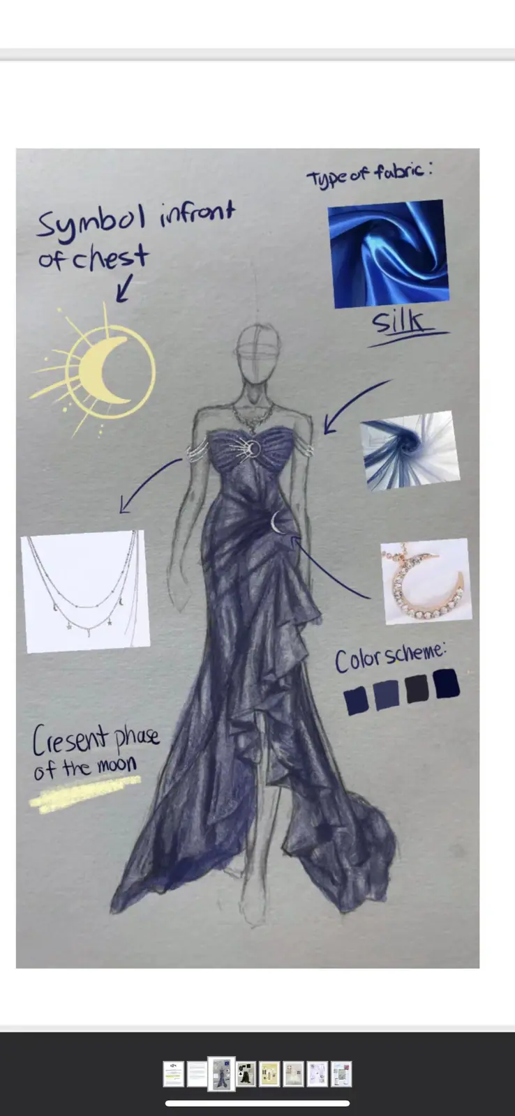 Design sketch of a midnight-blue gown