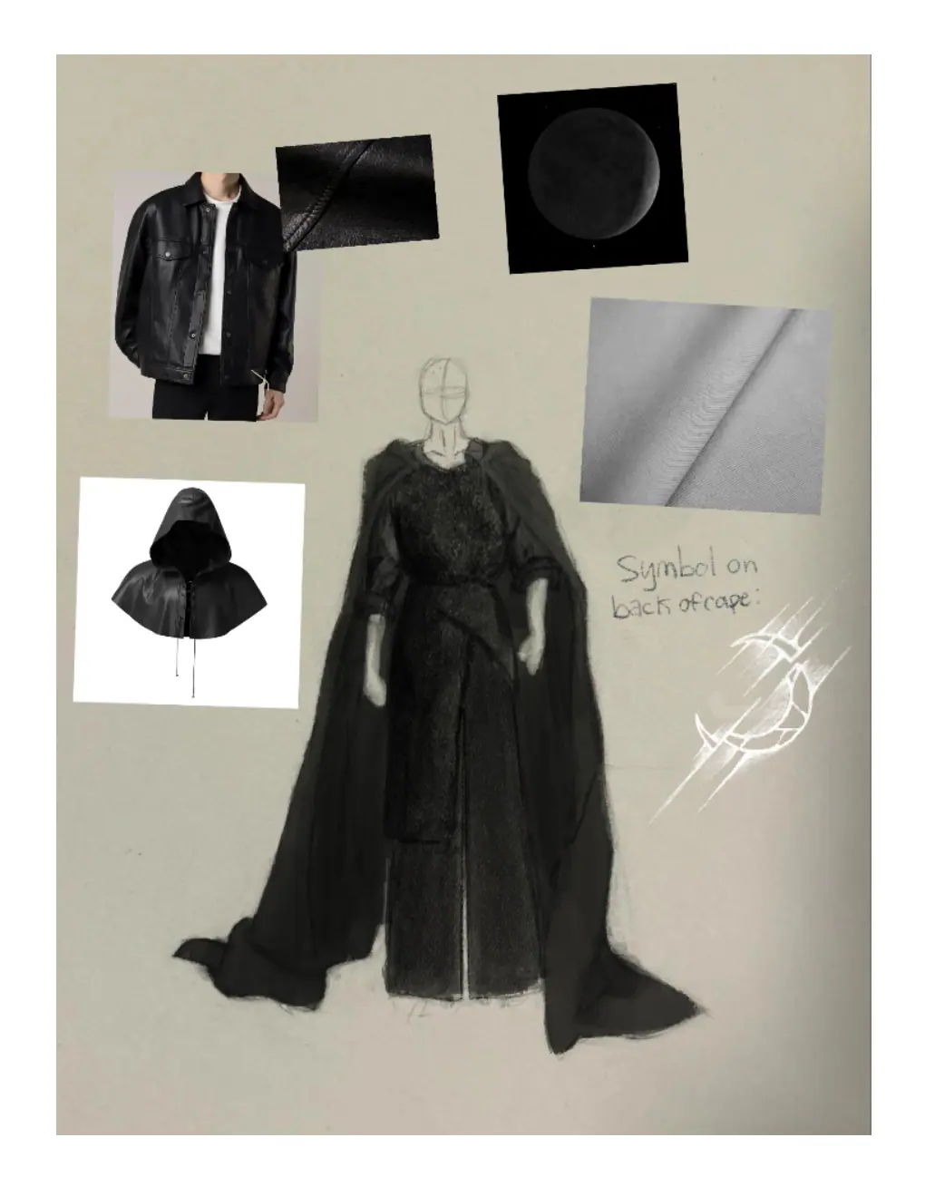 Design sketch of a black cape with material references