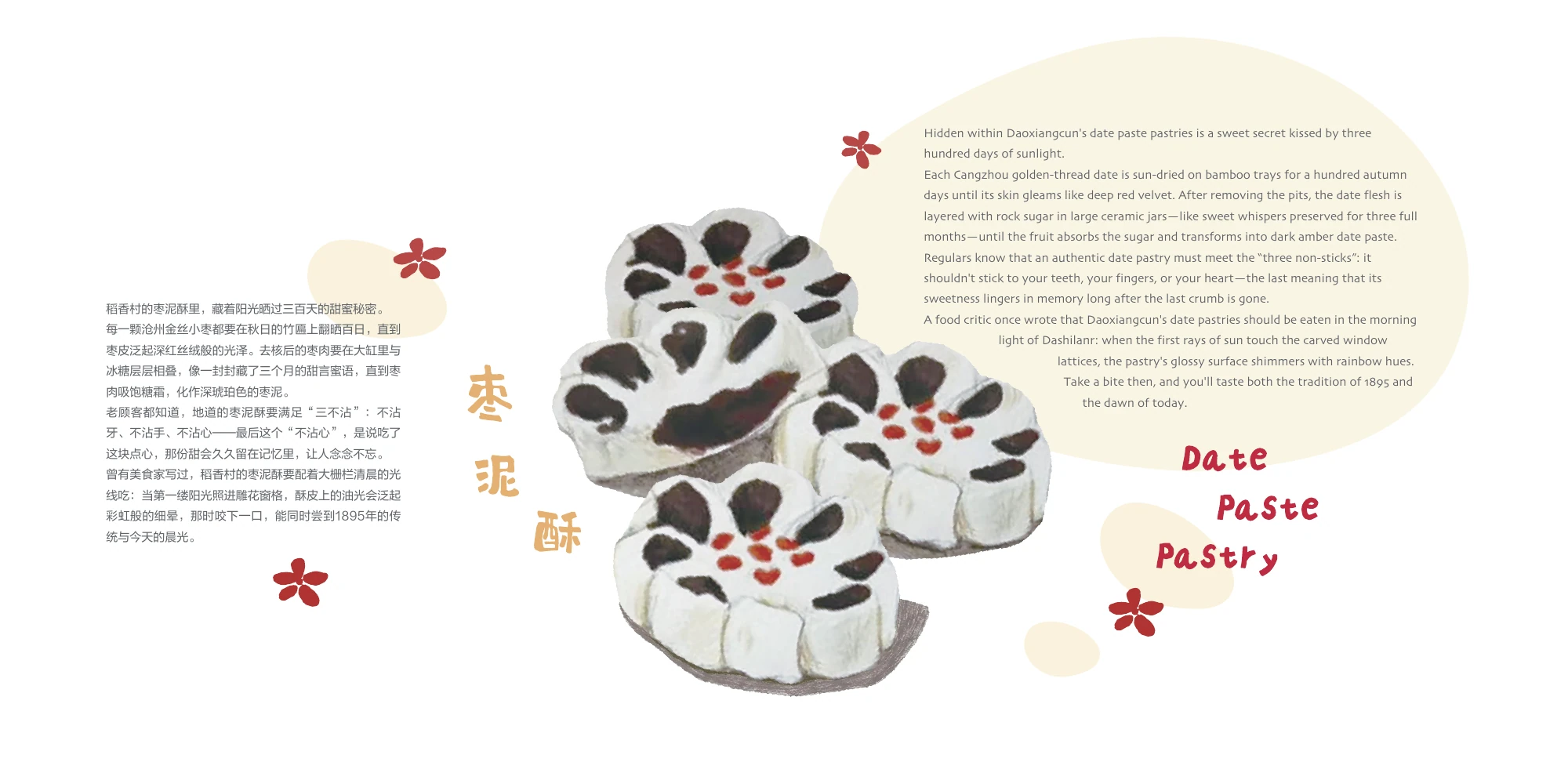 Chinese–English guidebook spread about date-paste pastries
