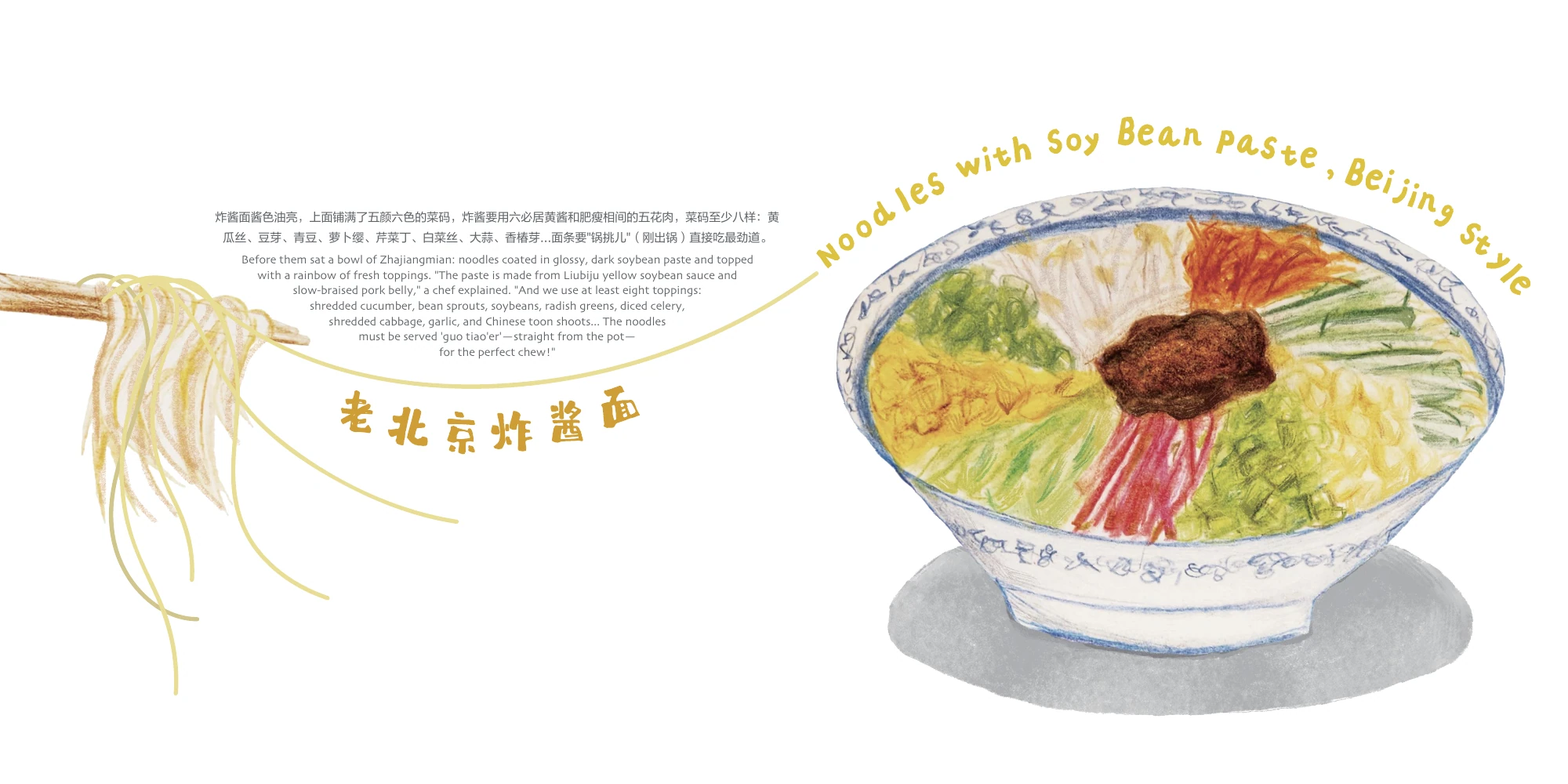 Chinese–English guidebook spread about zhajiangmian