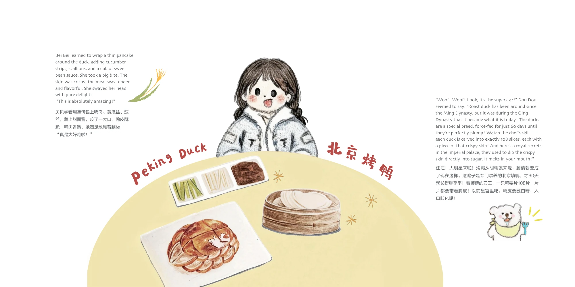 Chinese–English guidebook spread about Peking duck